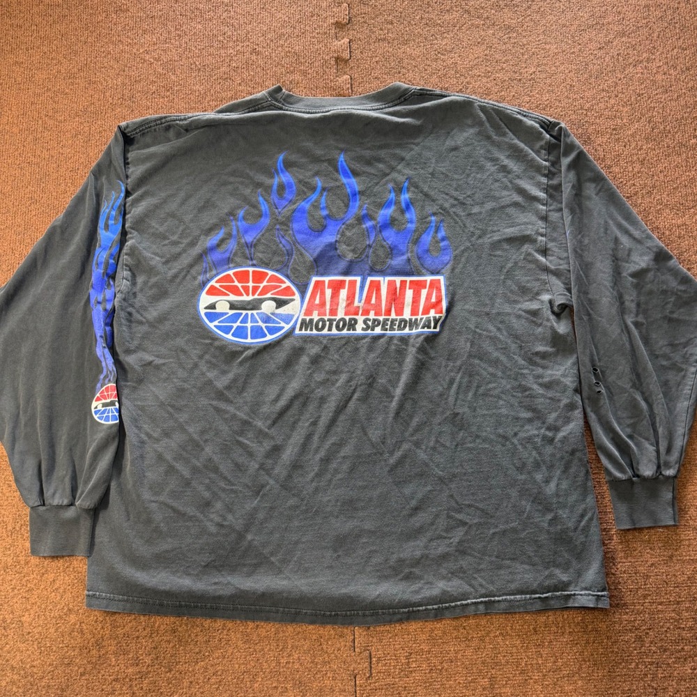 Gildan Atlanta Motor Speedway Racing T-Shirt Mens XXL Black Blue Flames Long Slv